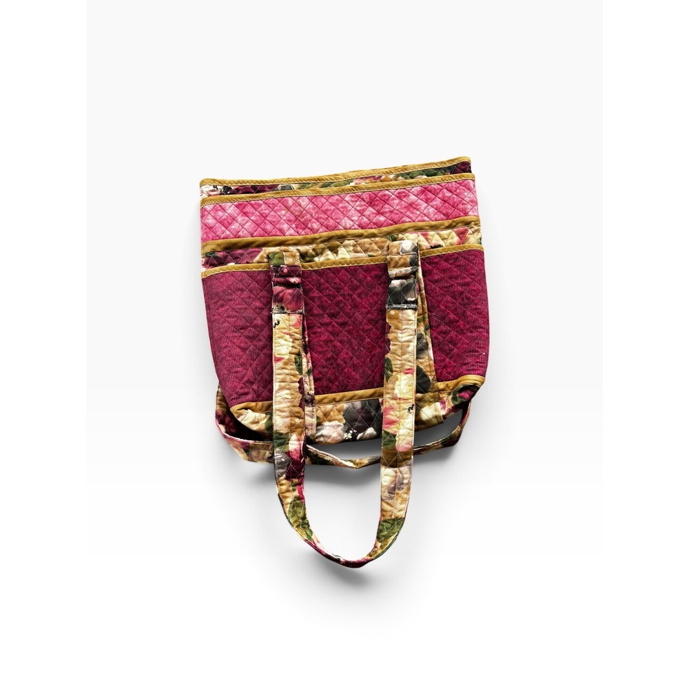 Vintage Quilted Tote Bag Burgundy Pink Floral Patchwork Boho Large Cottagecore